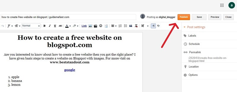 publishing post in blogspot-blogger