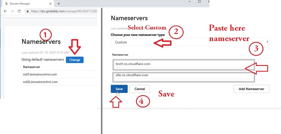 changing nameserver in godaddy