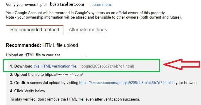 using html file site verification to display website on google