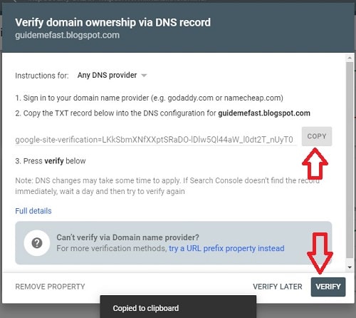 copy meta tag to verify site ownership and display website 