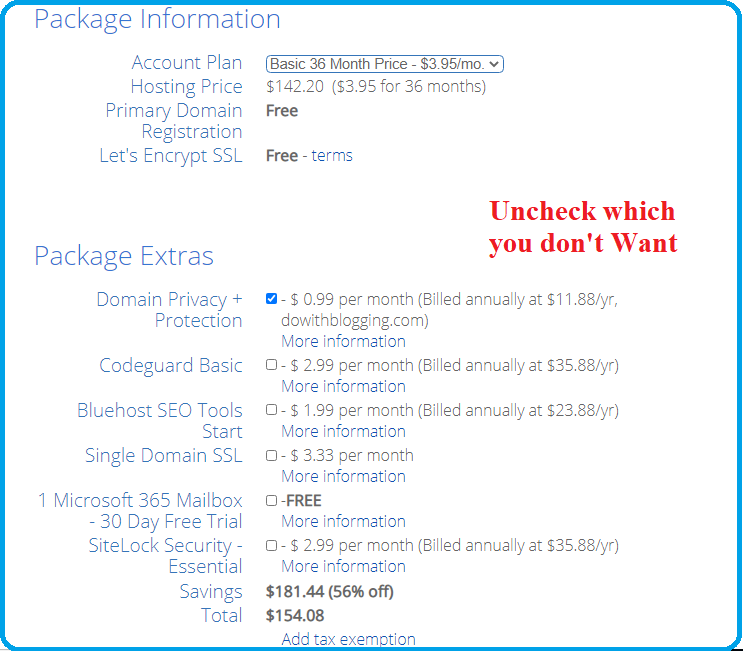 bluehost package detail